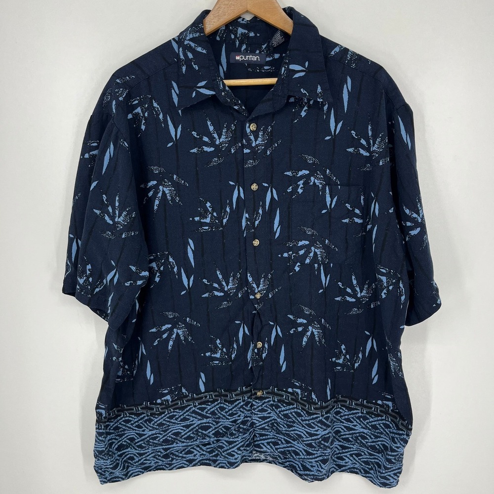 Puritan Mens XL Blue Tropical Leaf Print Rayon Short Sleeve Button Down Shirt
